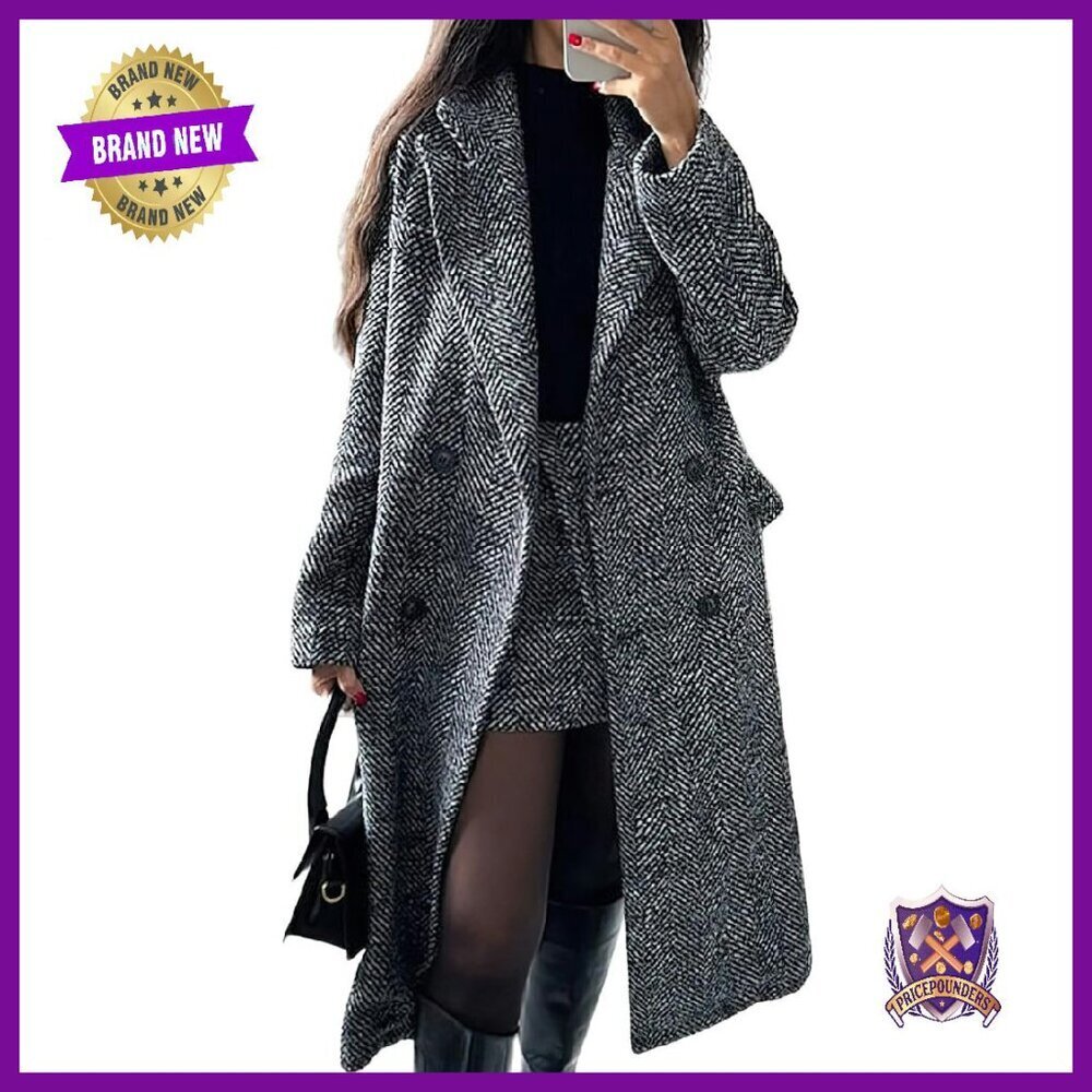 Women's Wool Blend Herringbone Trench Coat Double Breasted Knee Length